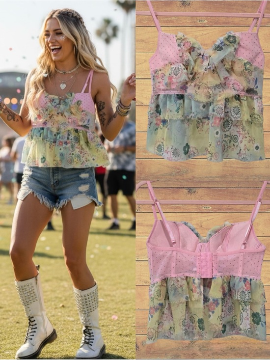 Necessary Objects Tops - Necessary Objects Pink Floral Polka Dot Sheer Fairycore Bra Top Ruffle Tier NWT